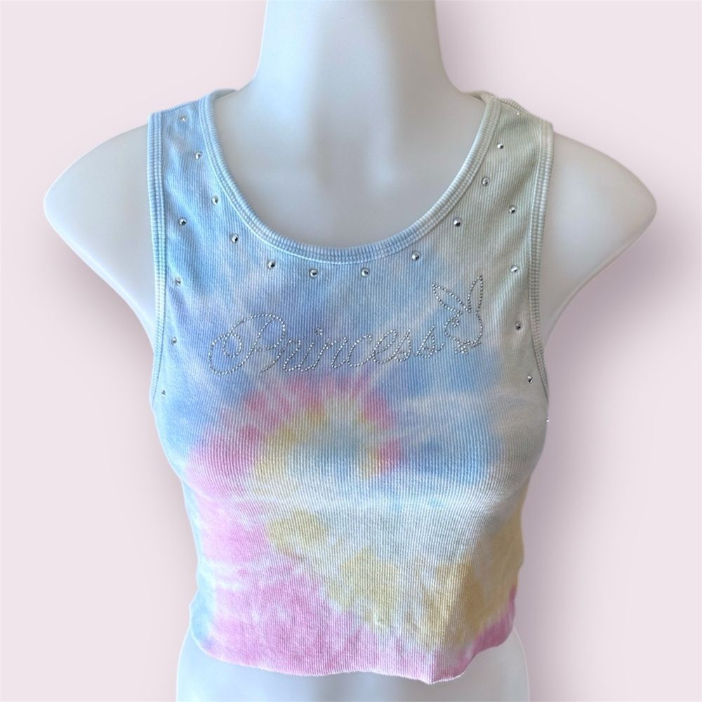 PACSUN X PLAYBOY Tie Dye Princess Rhinestone Embellished Crop Tank Top